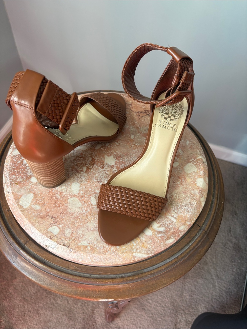 Vince Camuto Tan Woven Ankle-Strap Block Heel Sandals